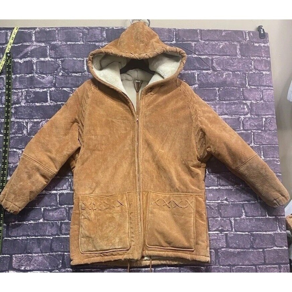 VTG Synergy Hooded Suede Jacket Womens M Tan Leather Faux Fur Lined Boho Coat